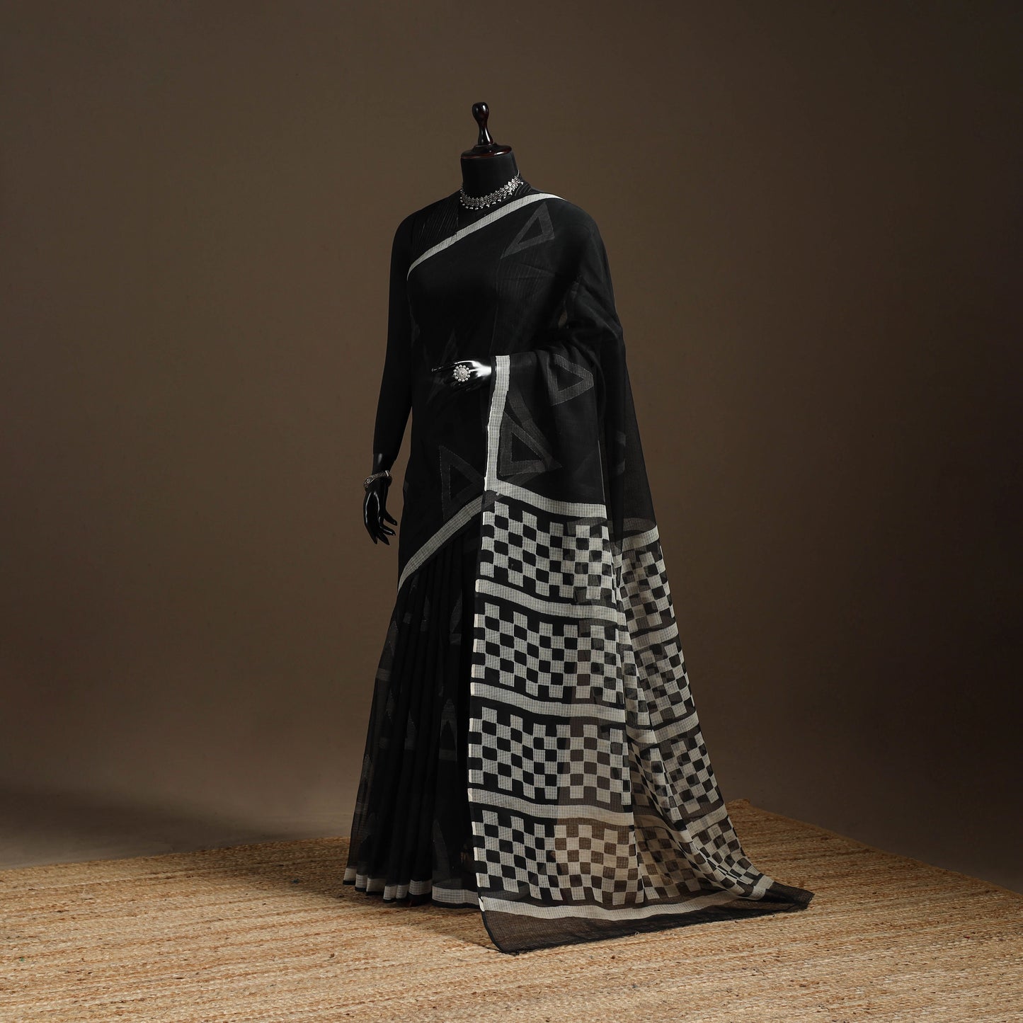 Black - kota doria cotton sanganeri saree - handcrafted