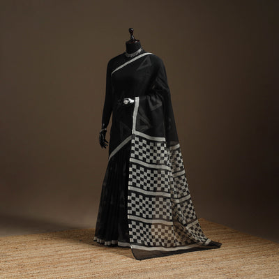 Black - kota doria cotton sanganeri saree - handcrafted