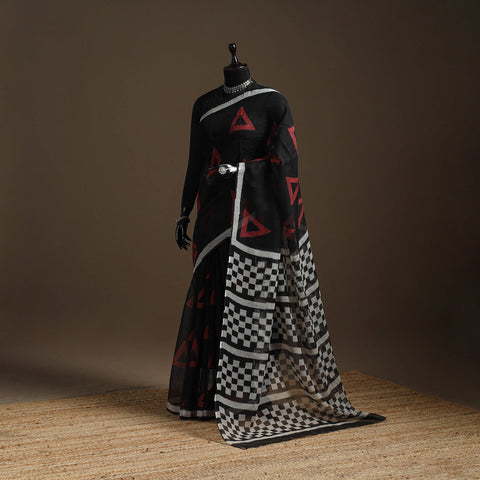 Black - kota doria cotton sanganeri saree - handcrafted