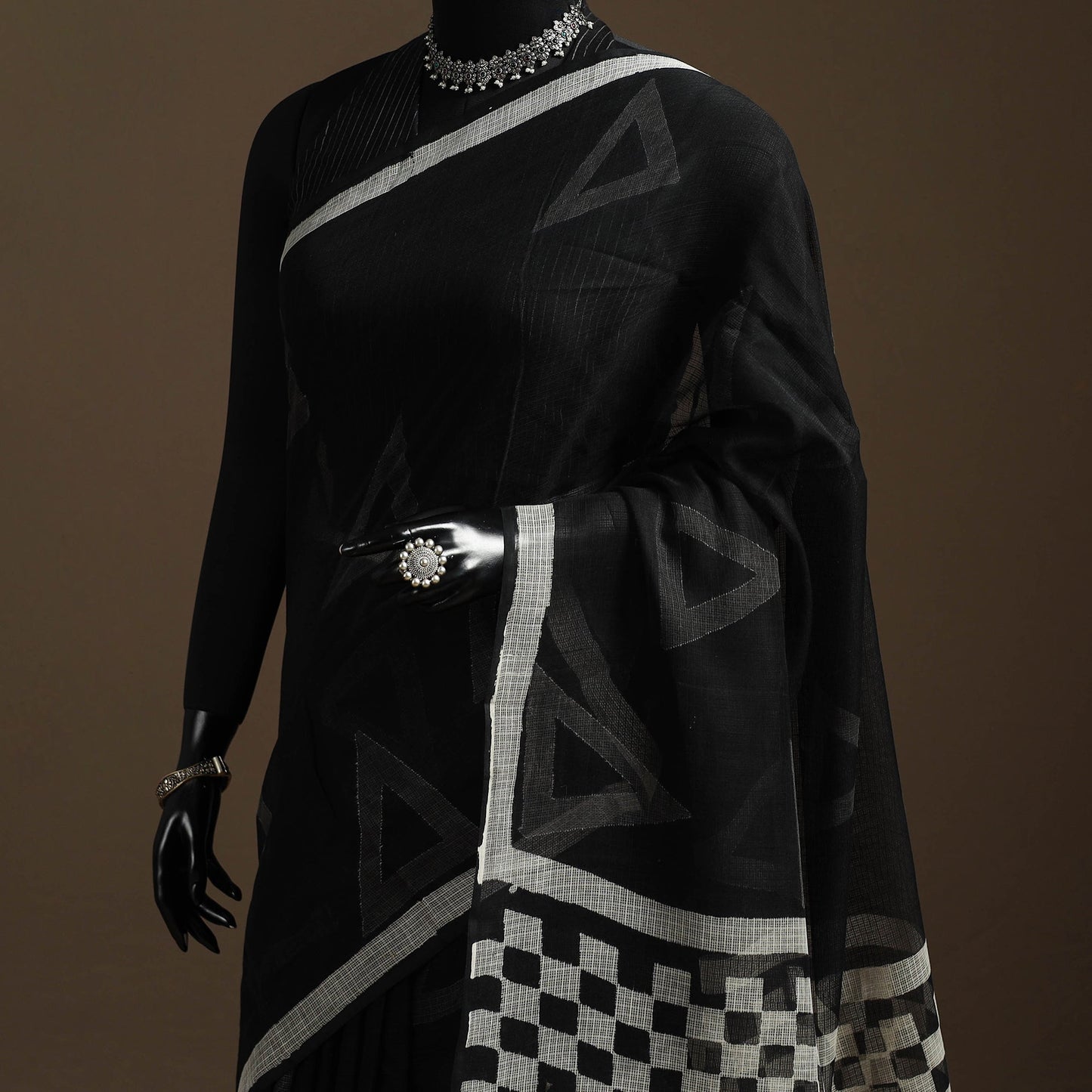 Black - kota doria cotton sanganeri saree - handcrafted