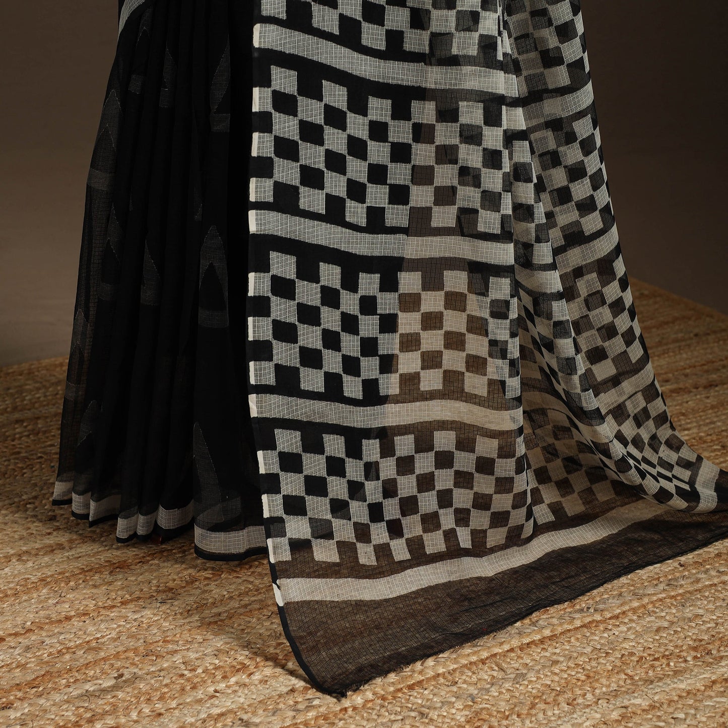 Black - kota doria cotton sanganeri saree - handcrafted
