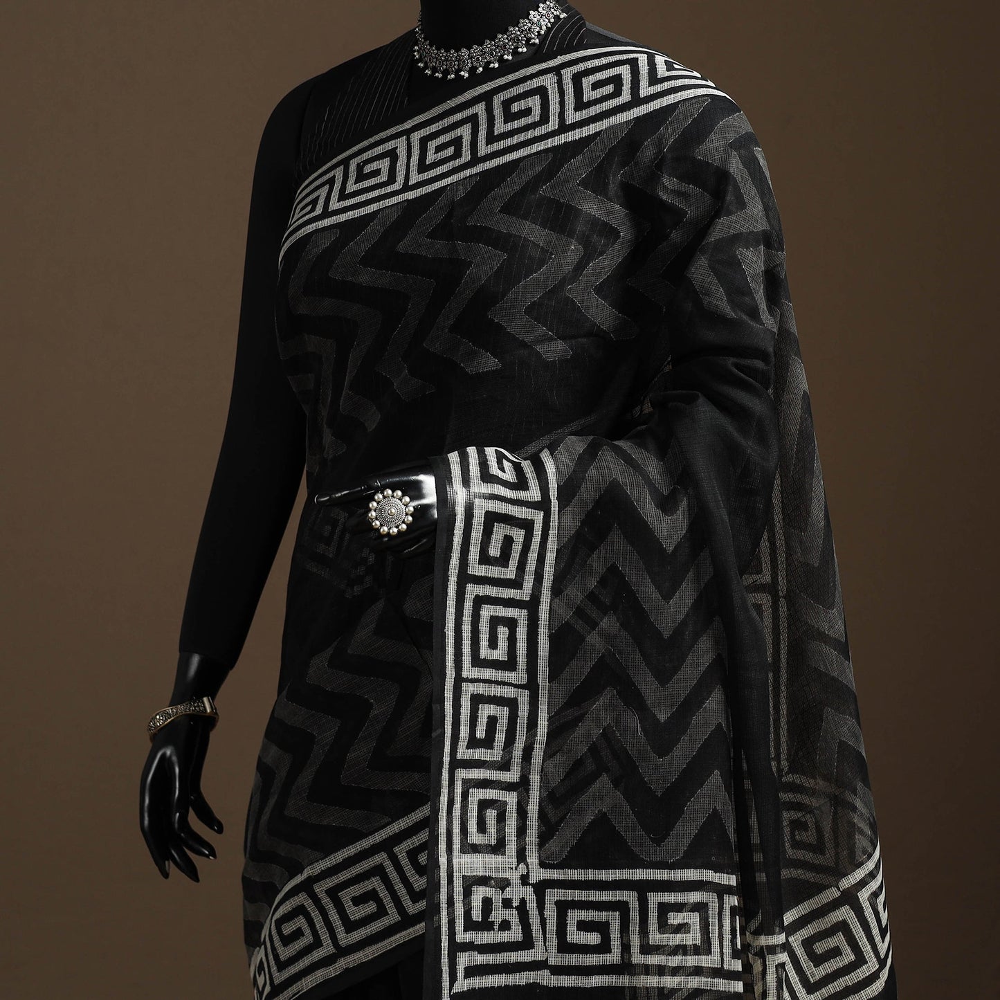 Black - kota doria cotton sanganeri saree - handcrafted