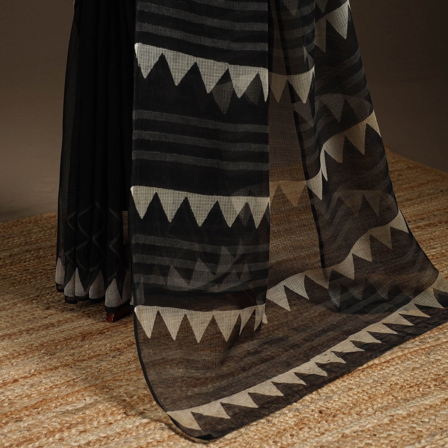 Black - kota doria cotton sanganeri saree - handcrafted