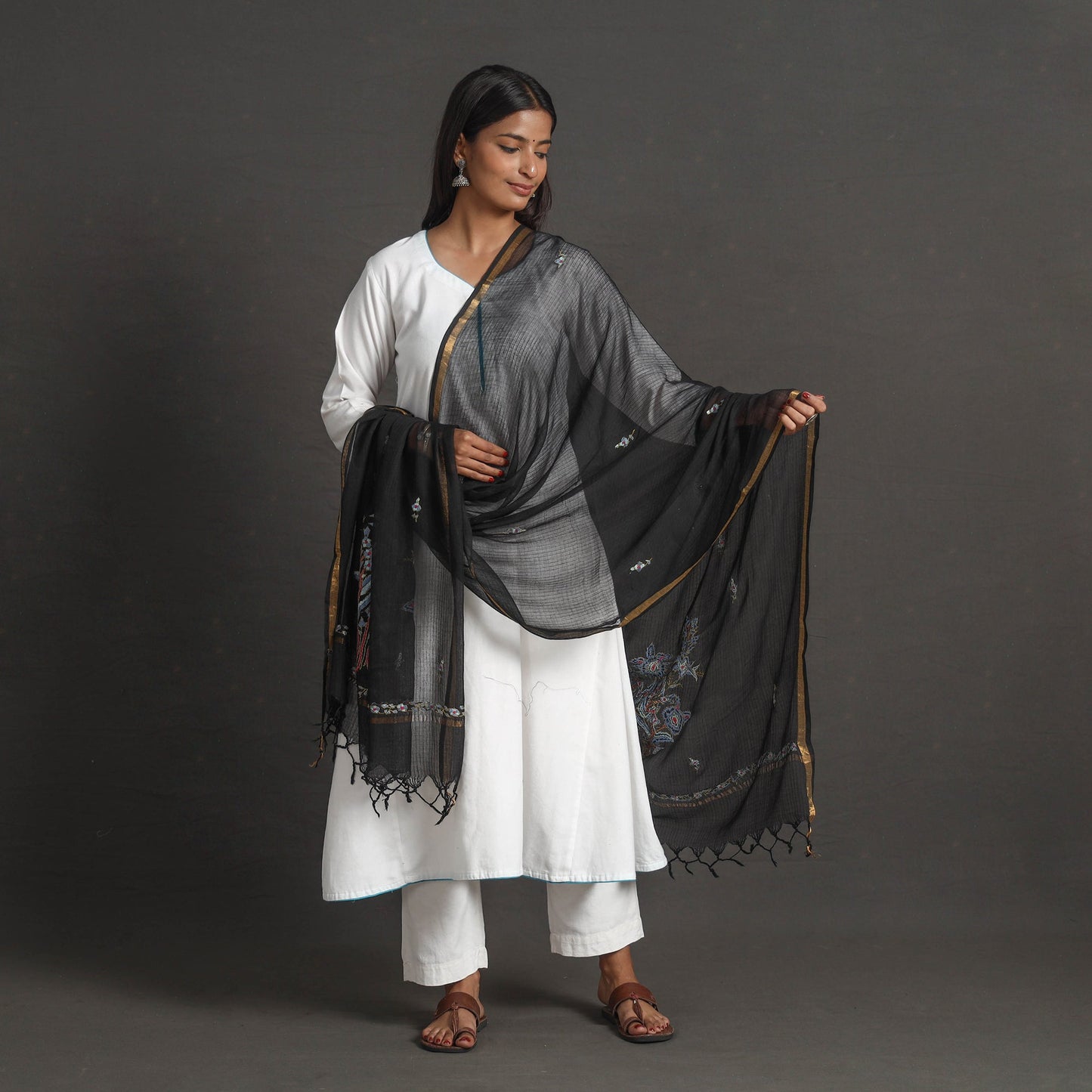 Black - kota doria silk cotton kashida embroidery dupatta