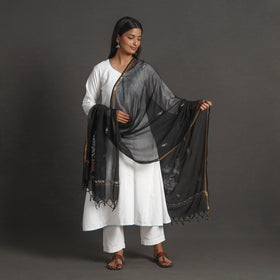 Black - kota doria silk cotton kashida embroidery dupatta