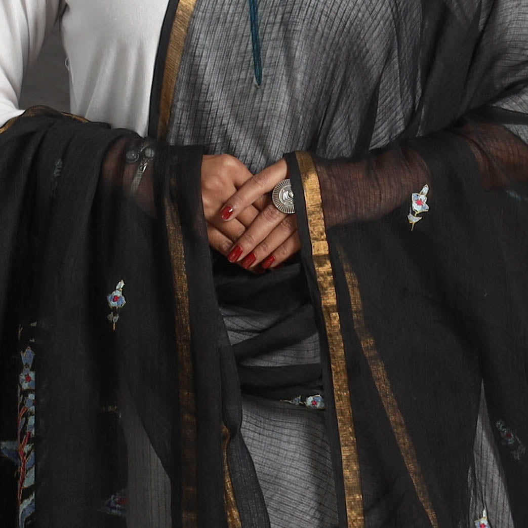 Black - kota doria silk cotton kashida embroidery dupatta