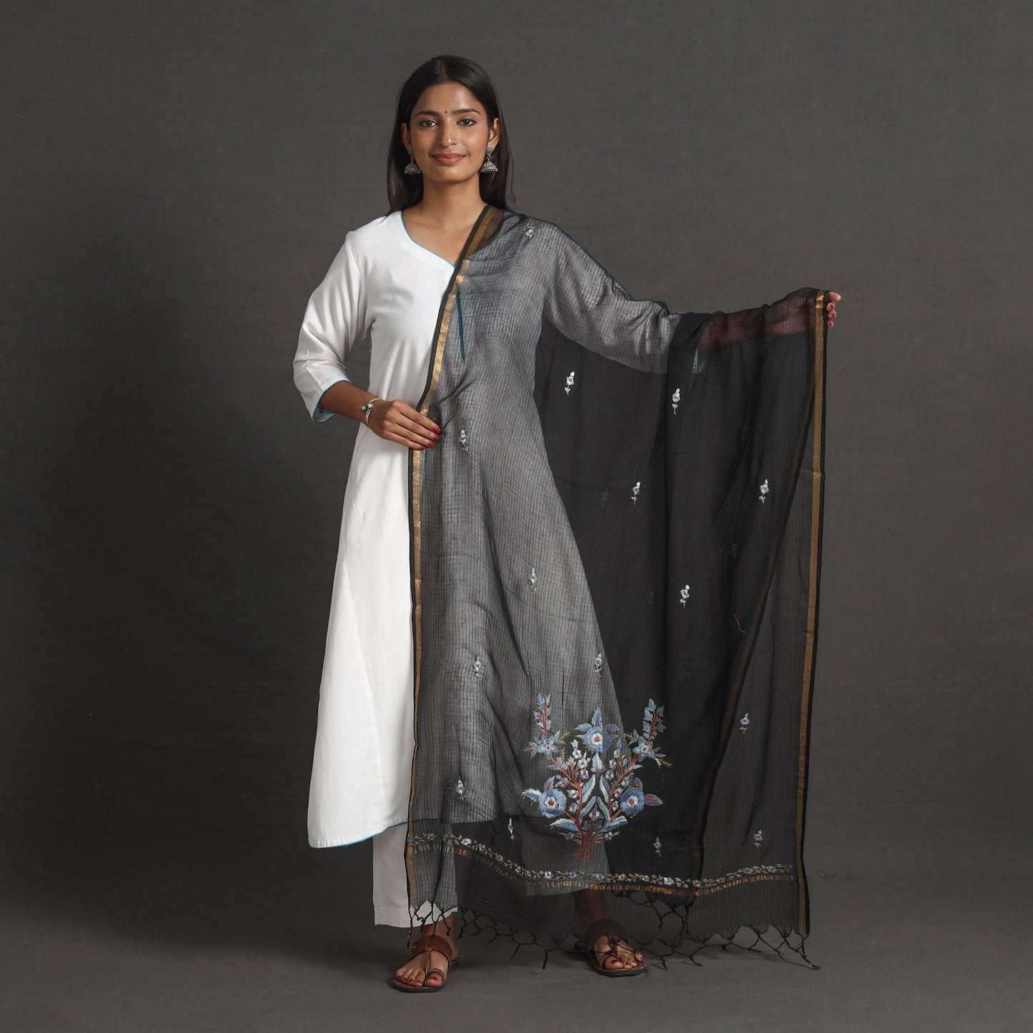 Black - kota doria silk cotton kashida embroidery dupatta