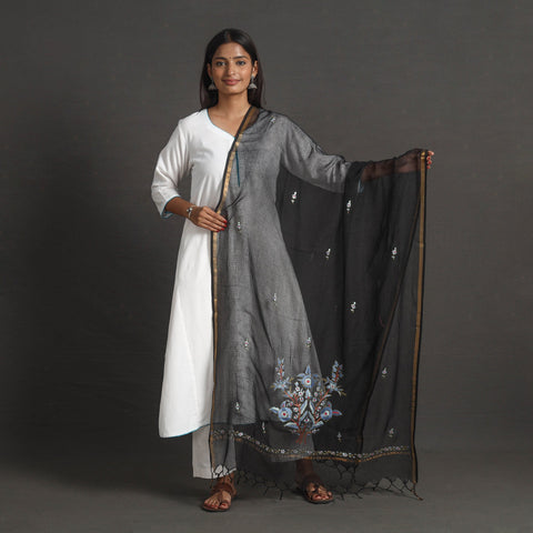 Black - kota doria silk cotton kashida embroidery dupatta