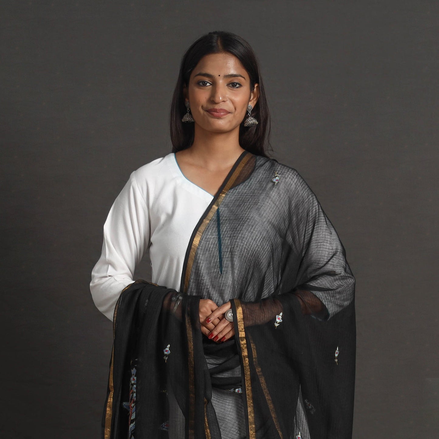 Black - kota doria silk cotton kashida embroidery dupatta