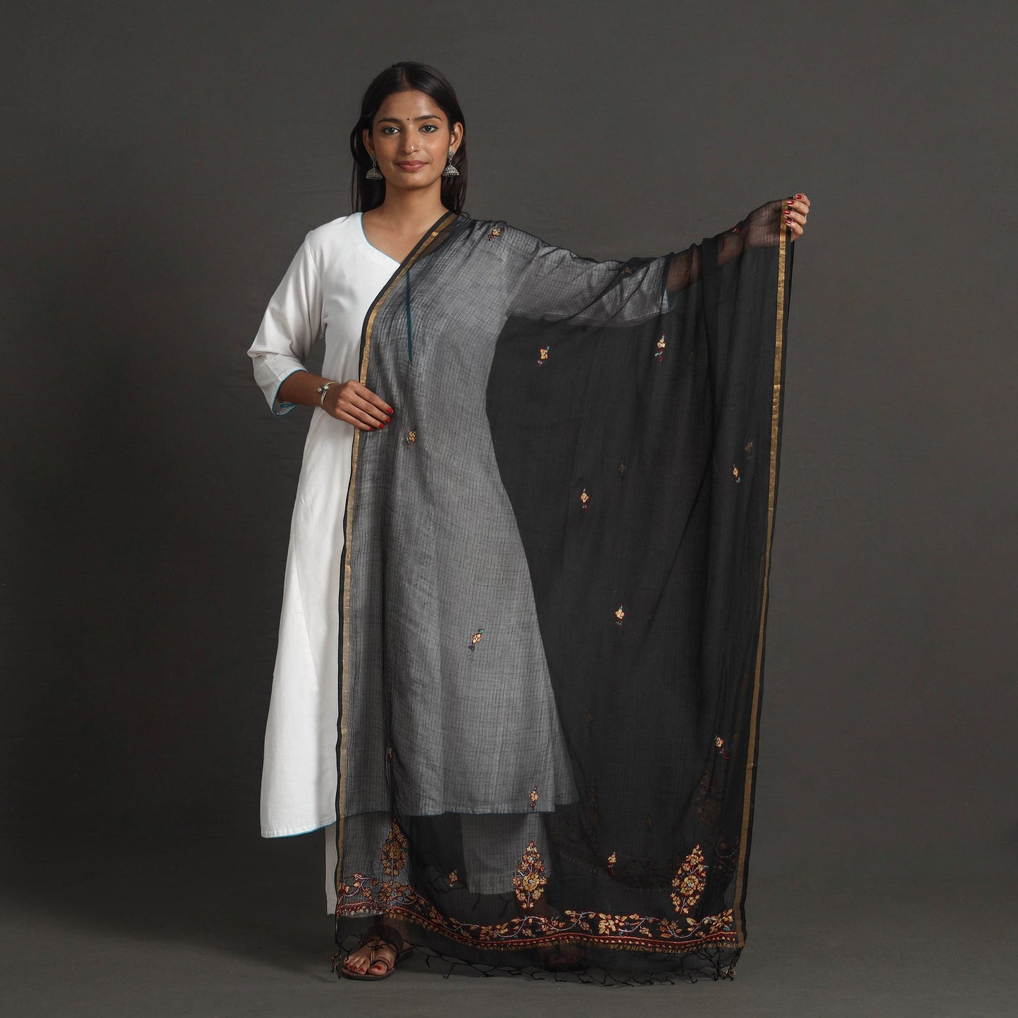 Black - kota doria silk cotton kashida embroidery dupatta