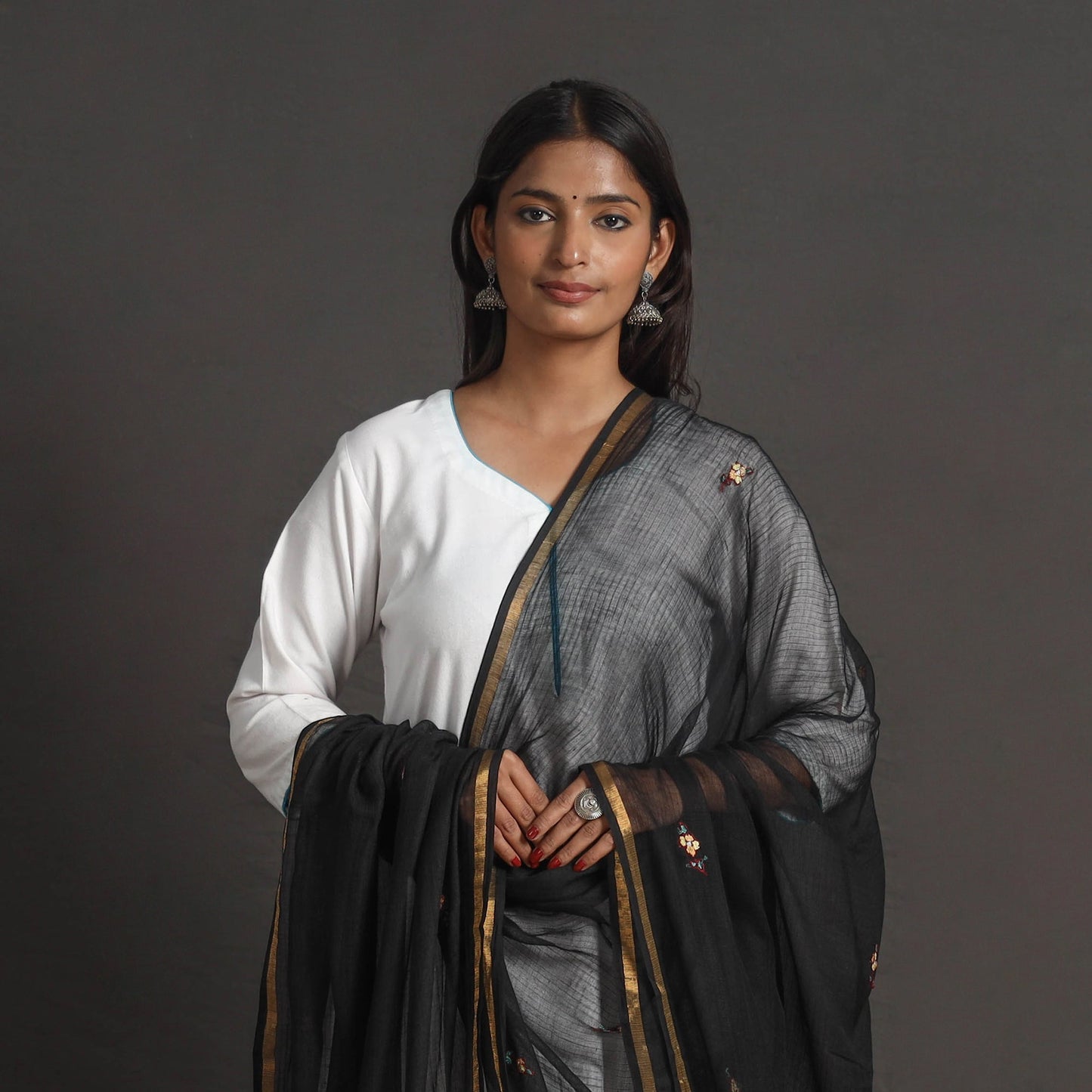 Black - kota doria silk cotton kashida embroidery dupatta