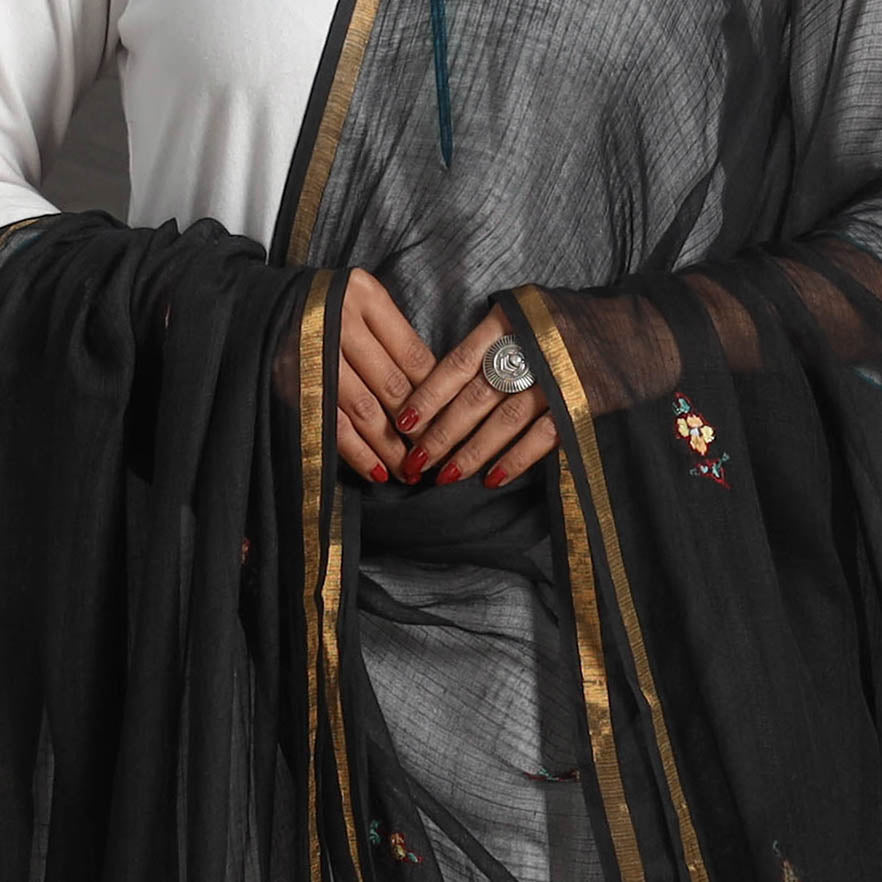 Black - kota doria silk cotton kashida embroidery dupatta