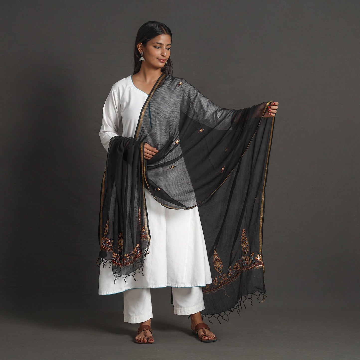 Black - kota doria silk cotton kashida embroidery dupatta