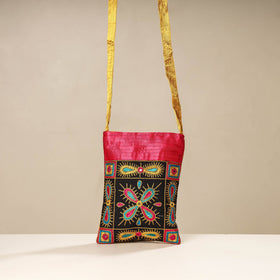 Black Kutch Ahir Embroidery Mashru Silk Sling Bag