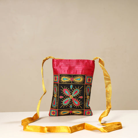 Black Kutch Ahir Embroidery Mashru Silk Sling Bag