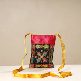 Black Kutch Ahir Embroidery Mashru Silk Sling Bag
