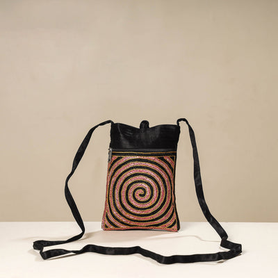 Black - kutch ahir embroidery mashru silk sling bag