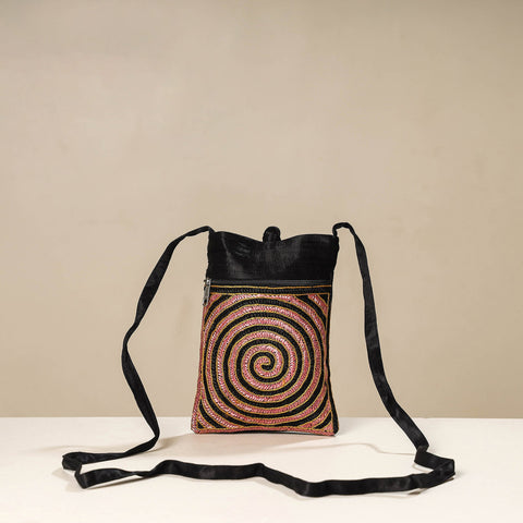 Black - kutch ahir embroidery mashru silk sling bag