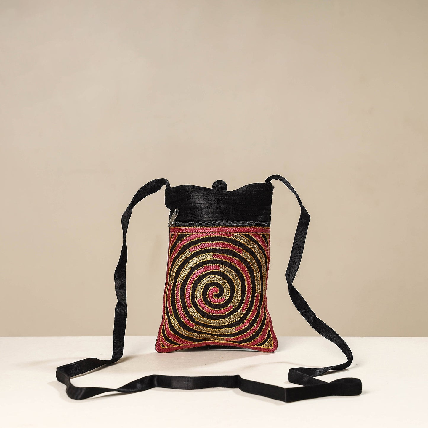 Black - kutch ahir embroidery mashru silk sling bag