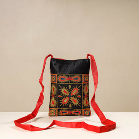 Black - kutch ahir embroidery mashru silk sling bag