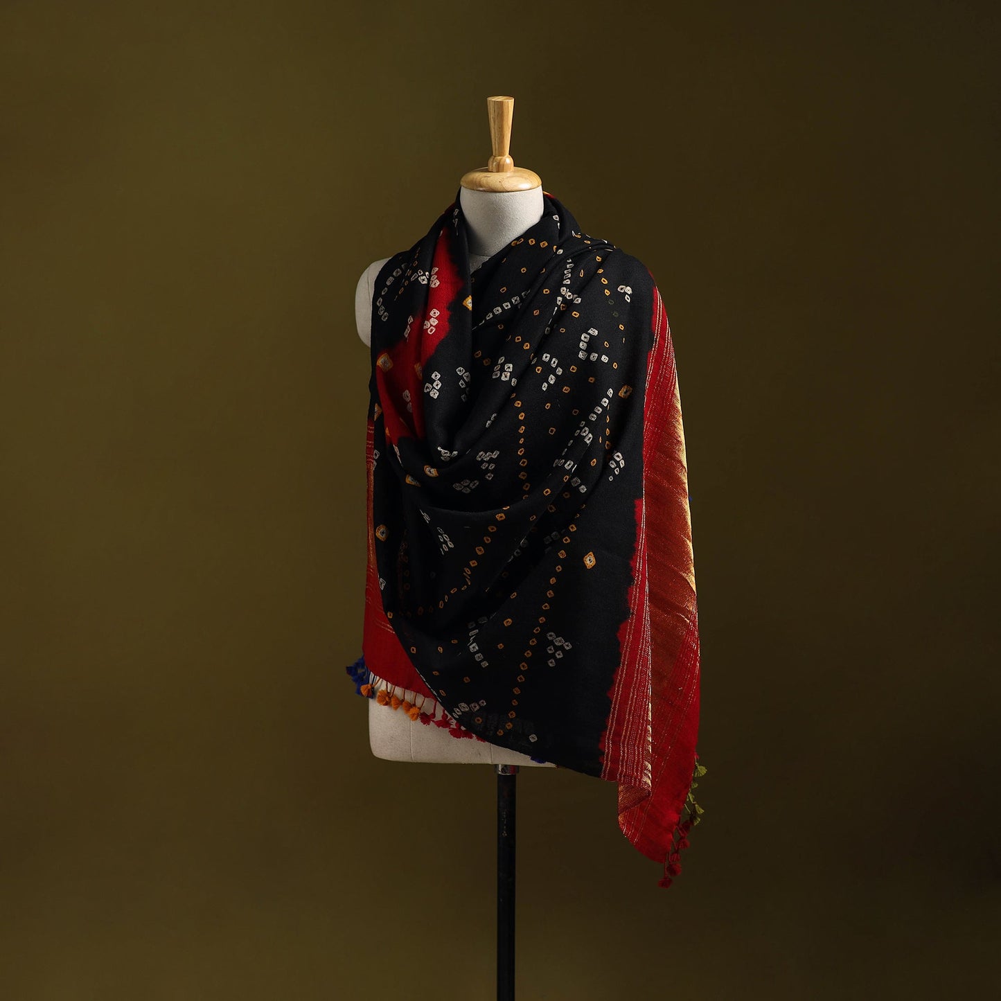 Black - kutch bandhani handwoven merino wool shawl 43