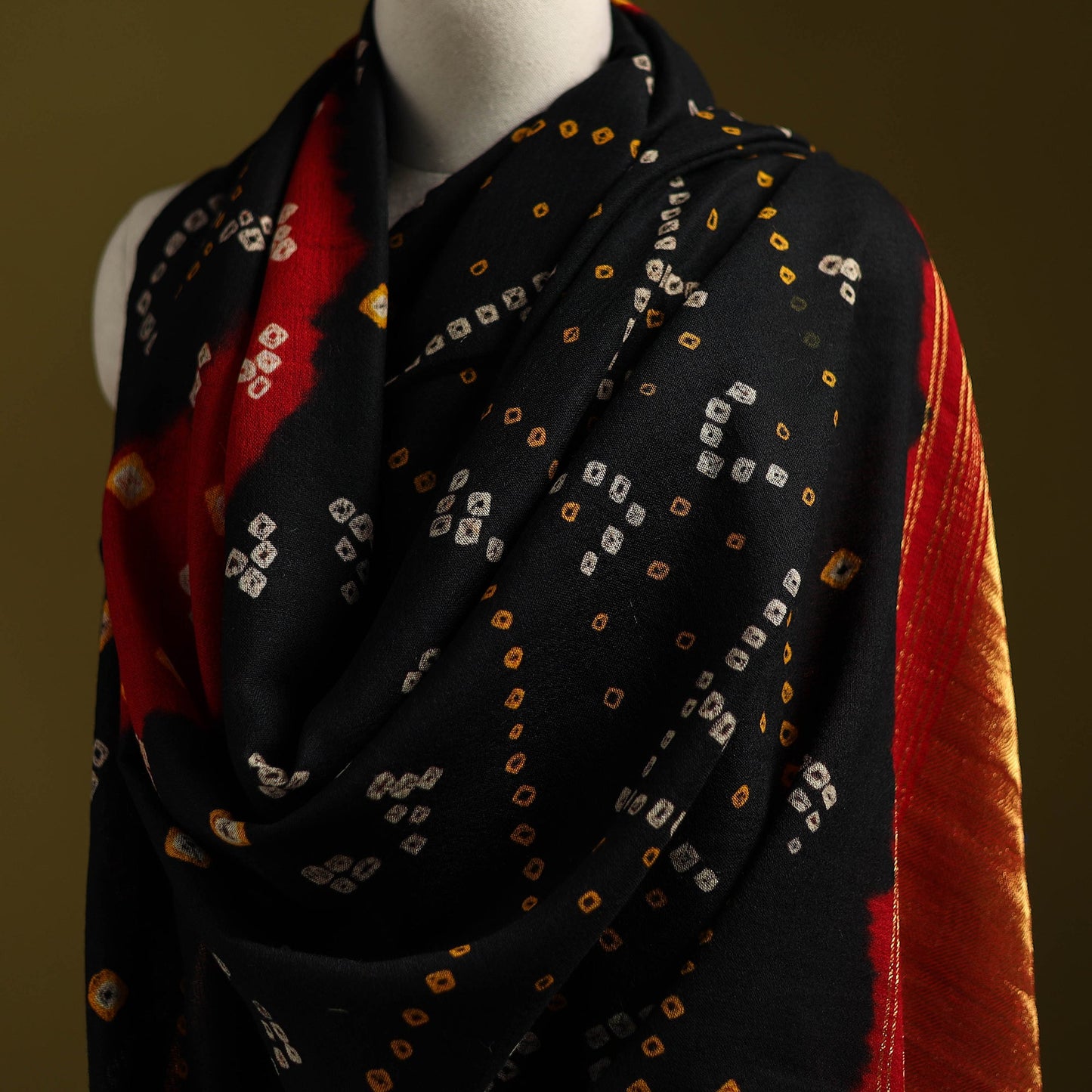Black - kutch bandhani handwoven merino wool shawl 43