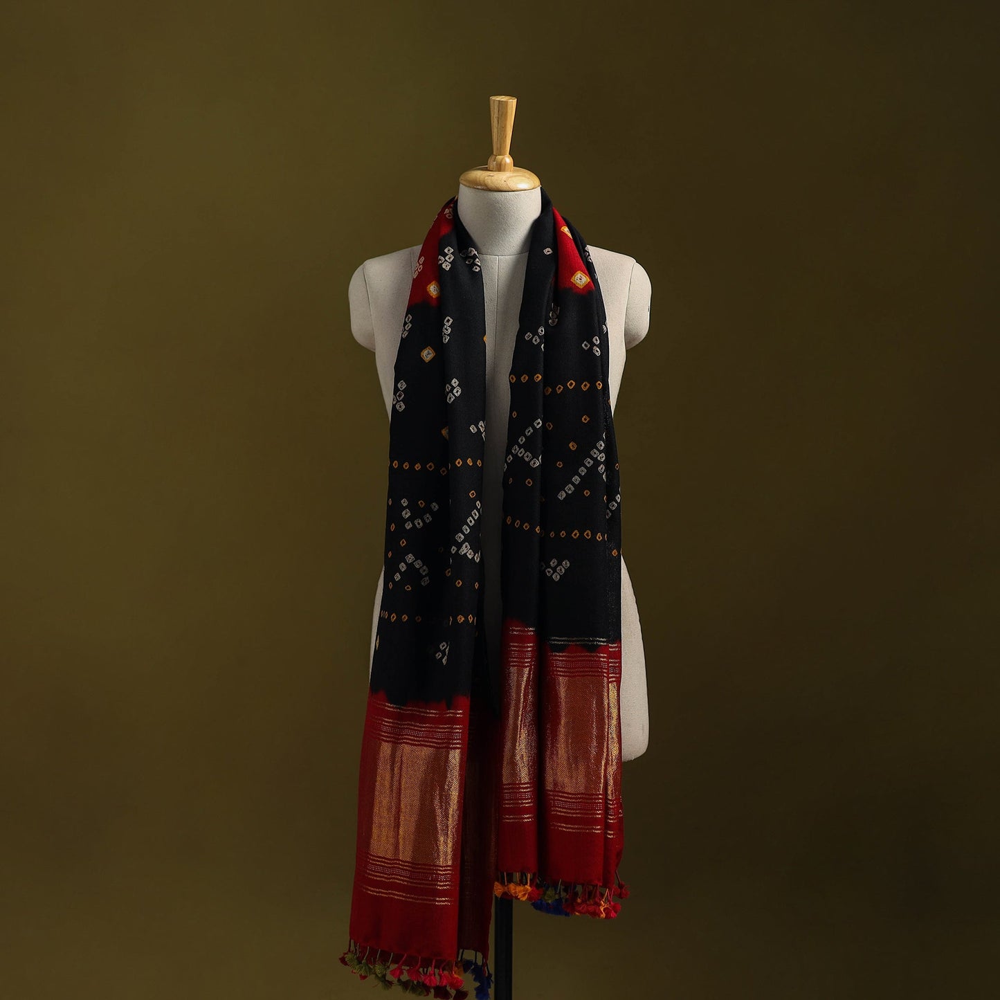 Black - kutch bandhani handwoven merino wool shawl 43