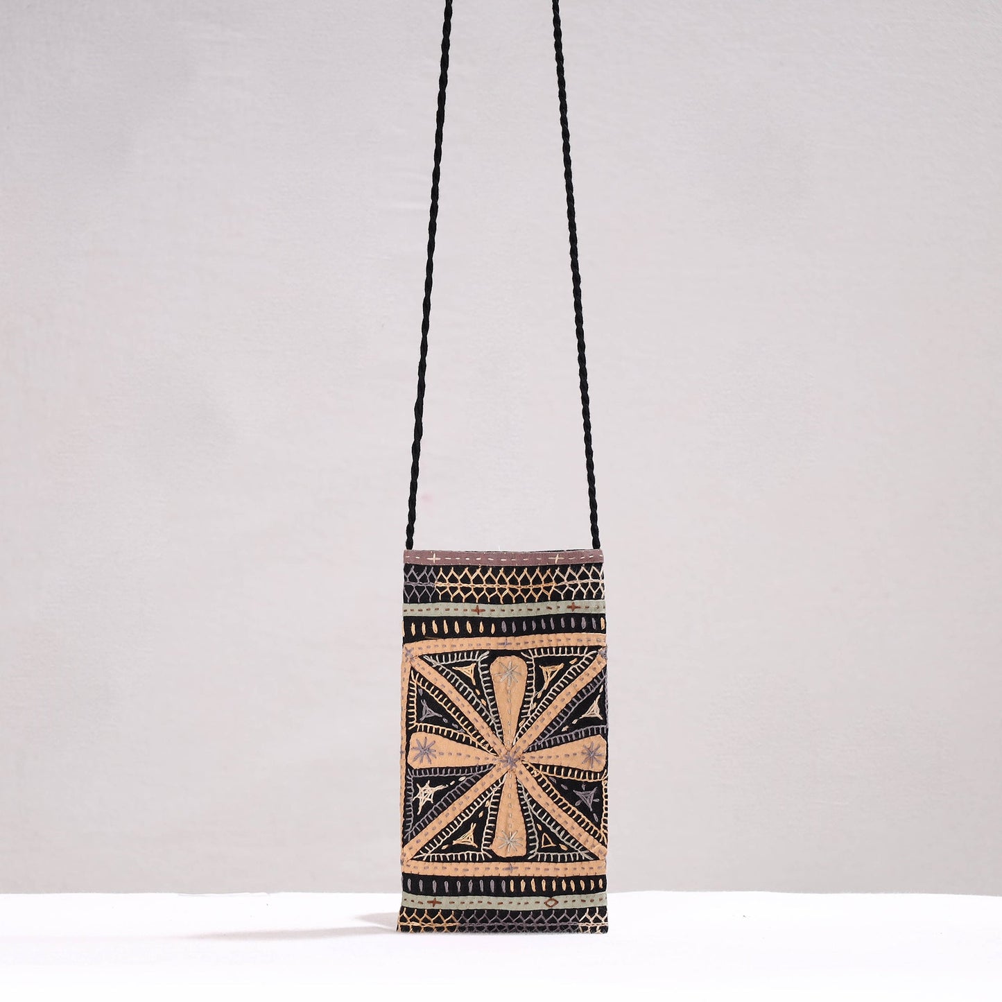 Black Kutch Dhebariya Qatab Embroidery Cotton Sling Mobile Pouch 