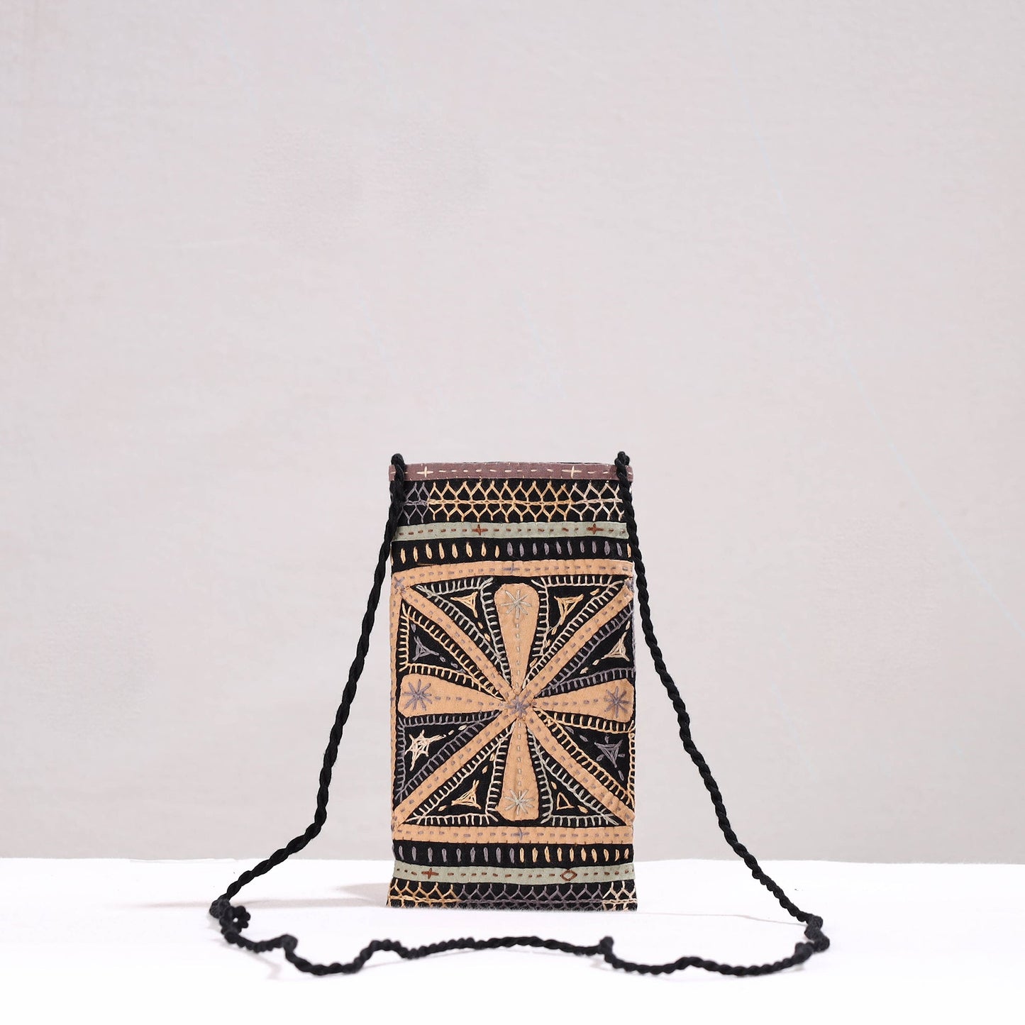 Black Kutch Dhebariya Qatab Embroidery Cotton Sling Mobile Pouch 