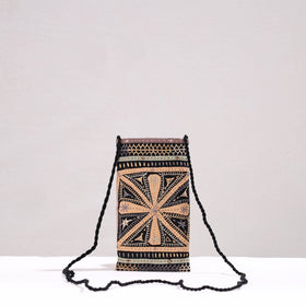 Black Kutch Dhebariya Qatab Embroidery Cotton Sling Mobile Pouch 