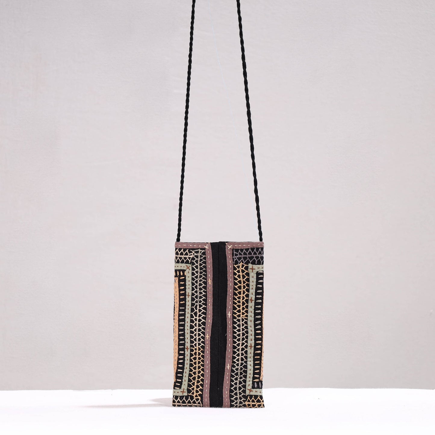 Black Kutch Dhebariya Qatab Embroidery Cotton Sling Mobile Pouch 
