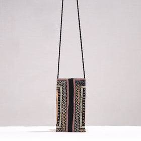 Black Kutch Dhebariya Qatab Embroidery Cotton Sling Mobile Pouch 