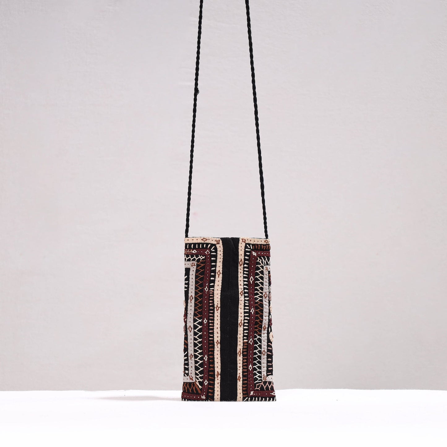 Black Kutch Dhebariya Qatab Embroidery Cotton Sling Mobile Pouch 