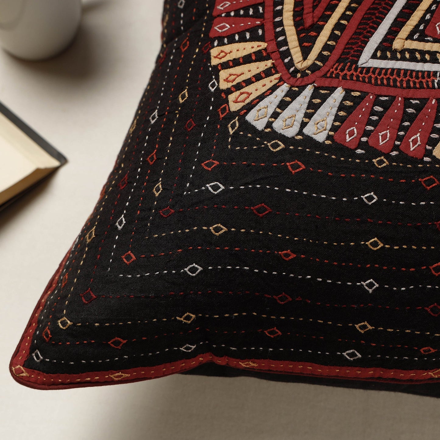 Buy Kutch Dhebariya Qatab Hand Embroidered Cotton Cushion Cover (16 x 16 in) Online at iTokri.com