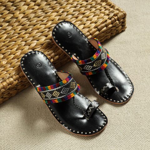 Black Kutch Embroidery Handstitched Leather Flat Slippers