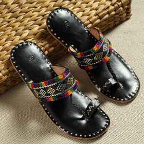 Black Kutch Embroidery Handstitched Leather Flat Slippers
