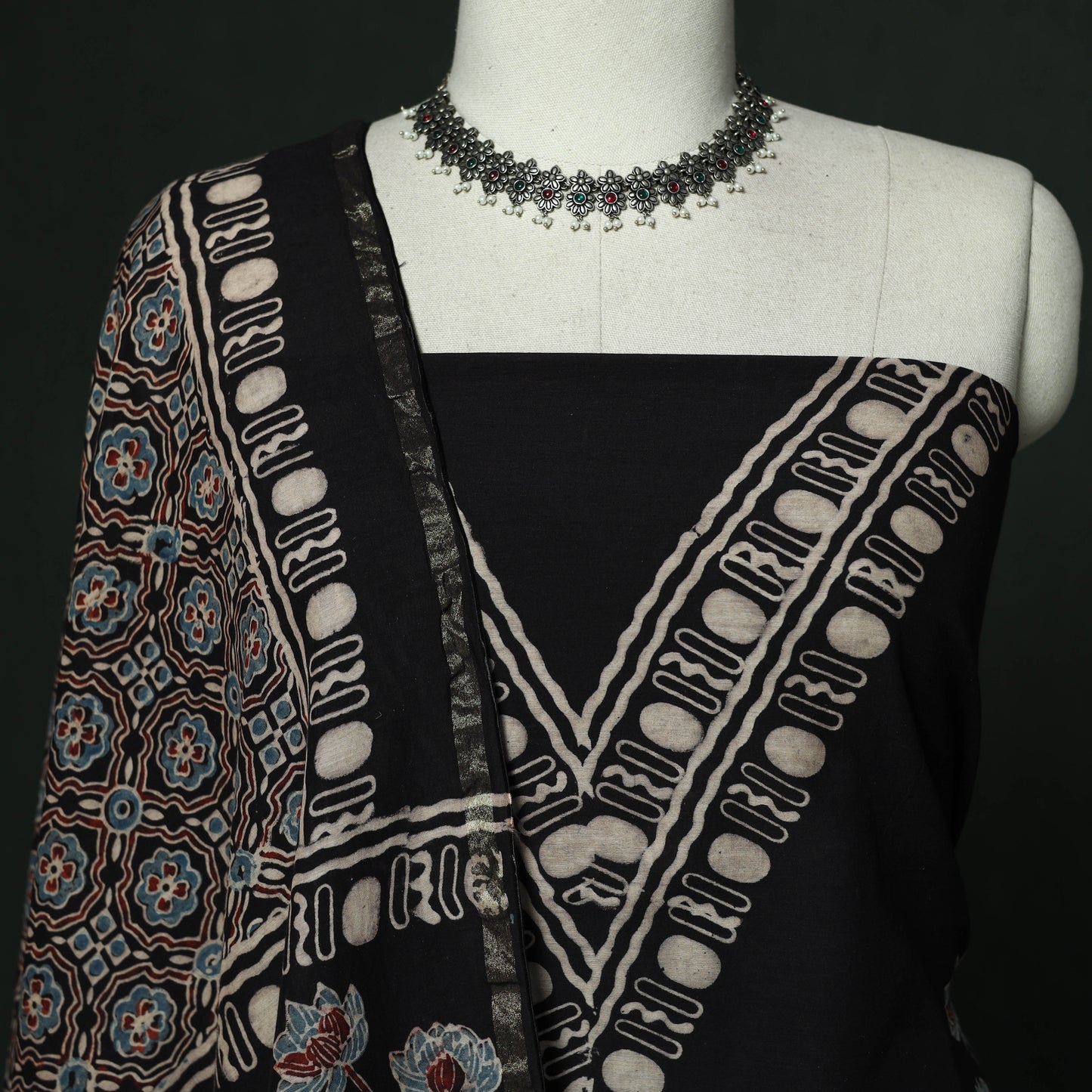 Kutch hand block ajrakh print natural dyed chanderi silk