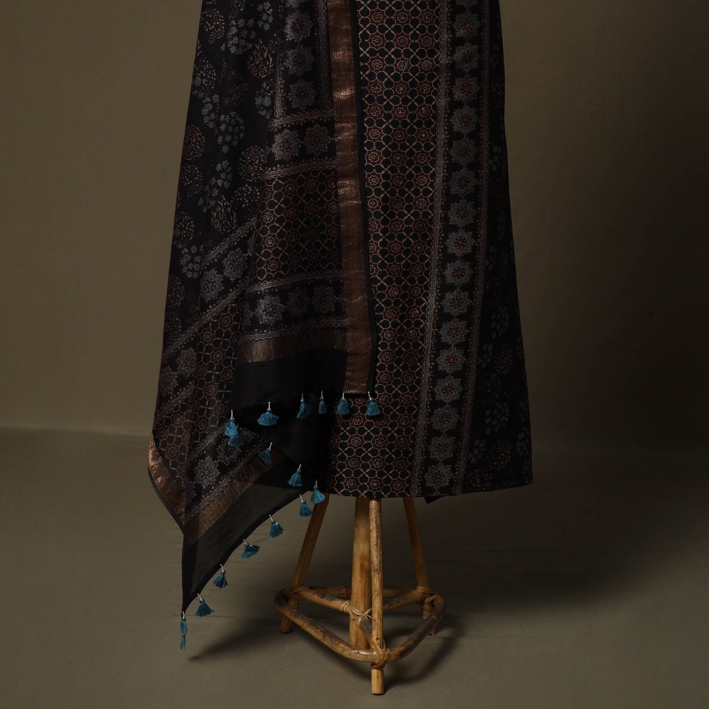 Kutch hand block ajrakh print natural dyed chanderi silk