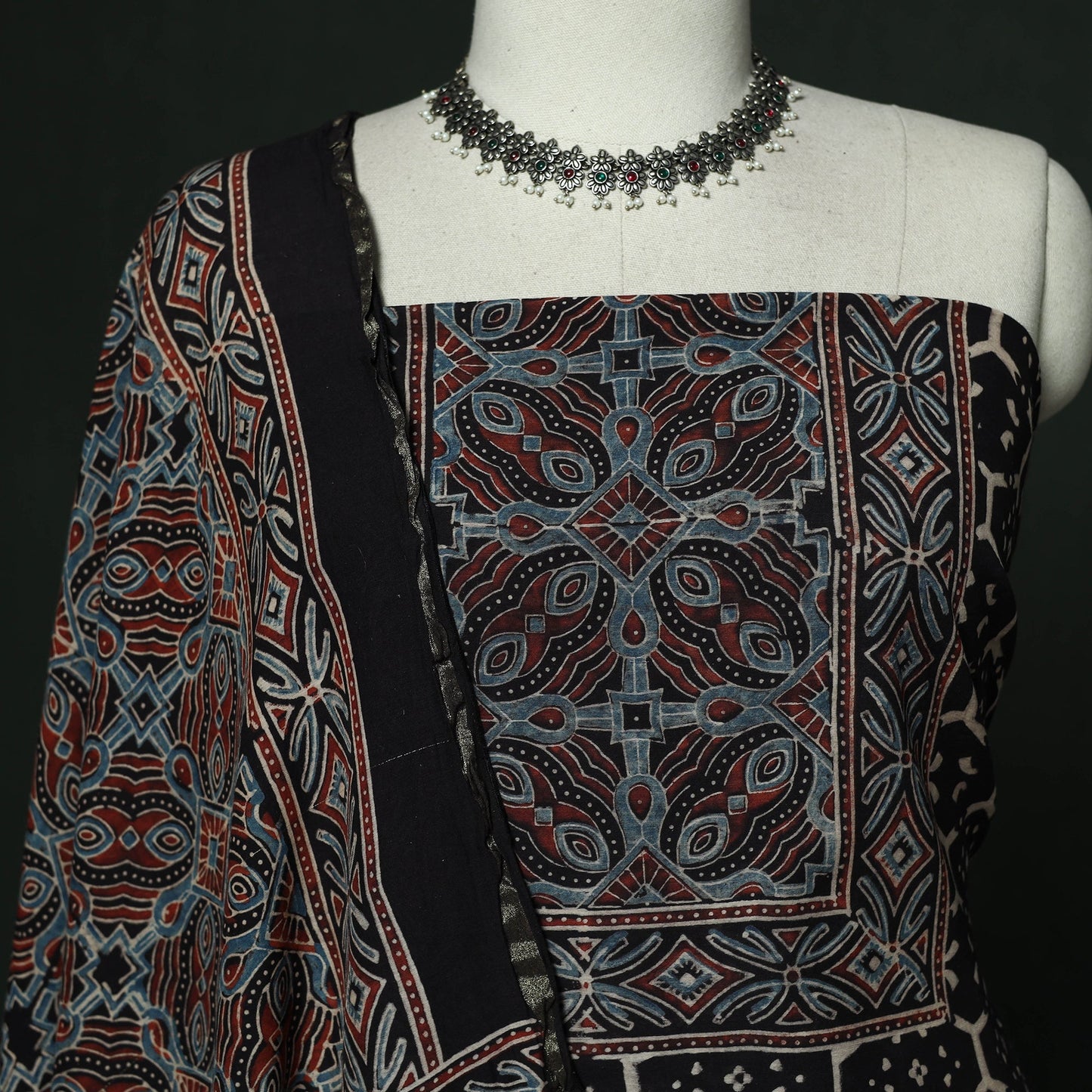 Kutch hand block ajrakh print natural dyed chanderi silk