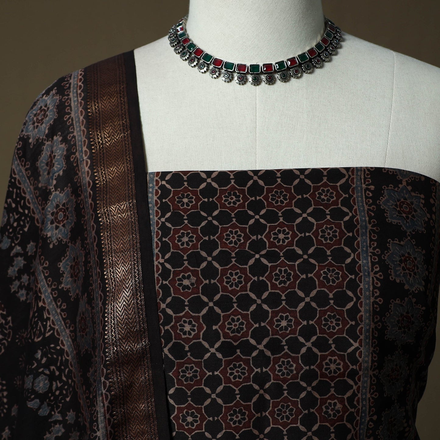 Kutch hand block ajrakh print natural dyed chanderi silk
