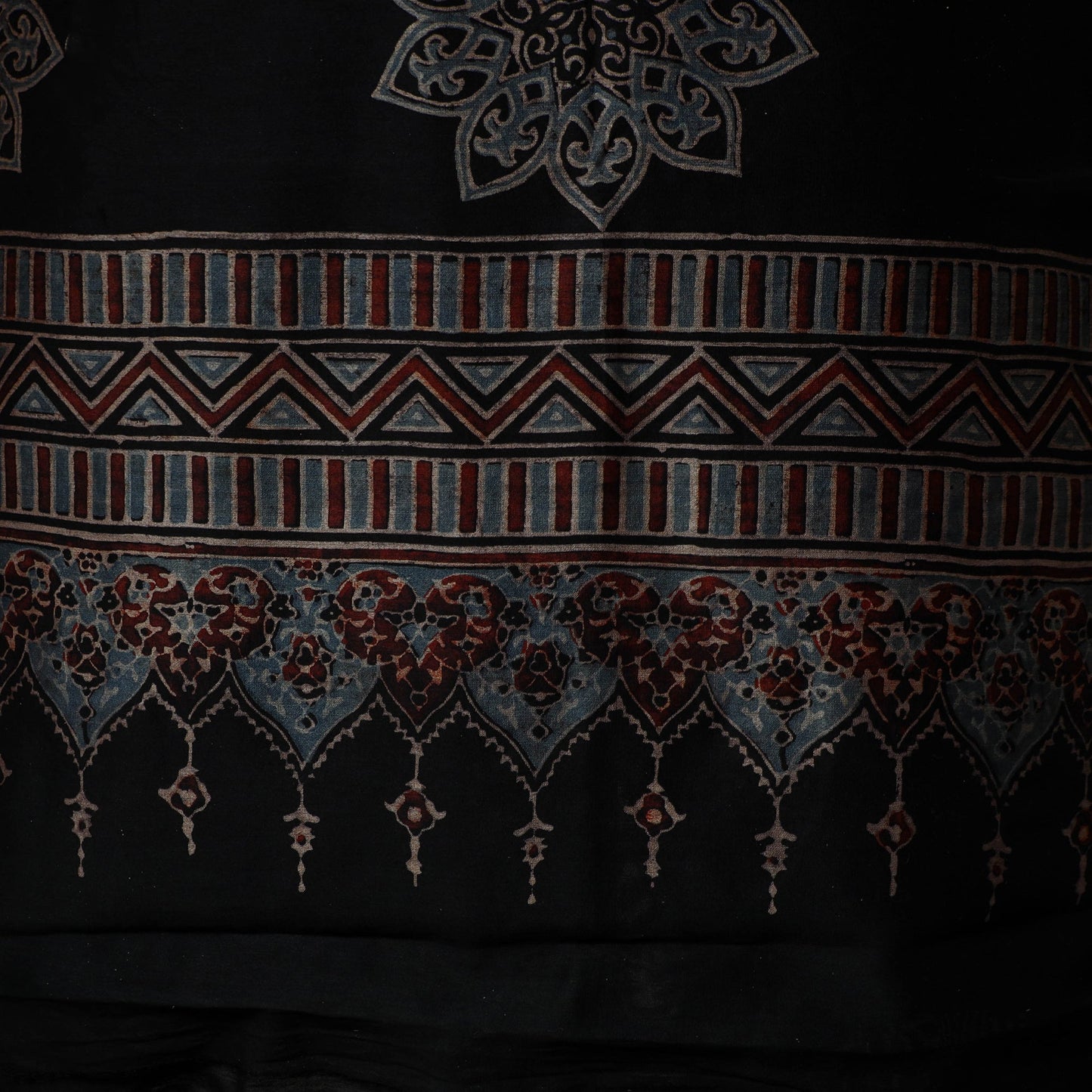 Kutch hand block ajrakh print natural dyed chanderi silk