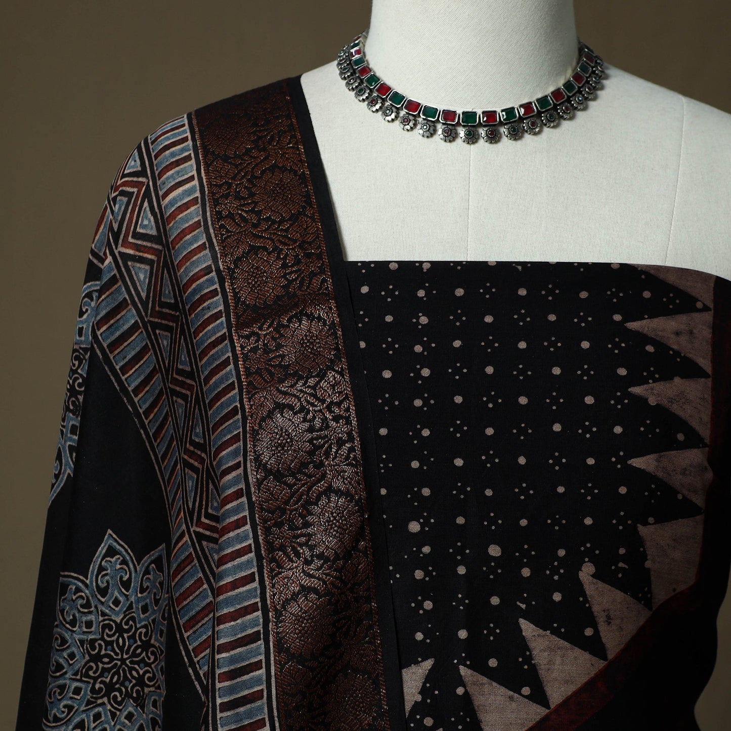 Kutch hand block ajrakh print natural dyed chanderi silk