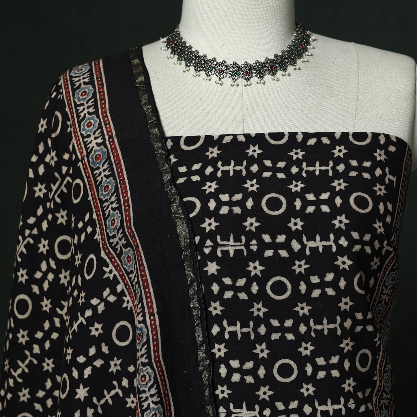 Kutch hand block ajrakh print natural dyed chanderi silk