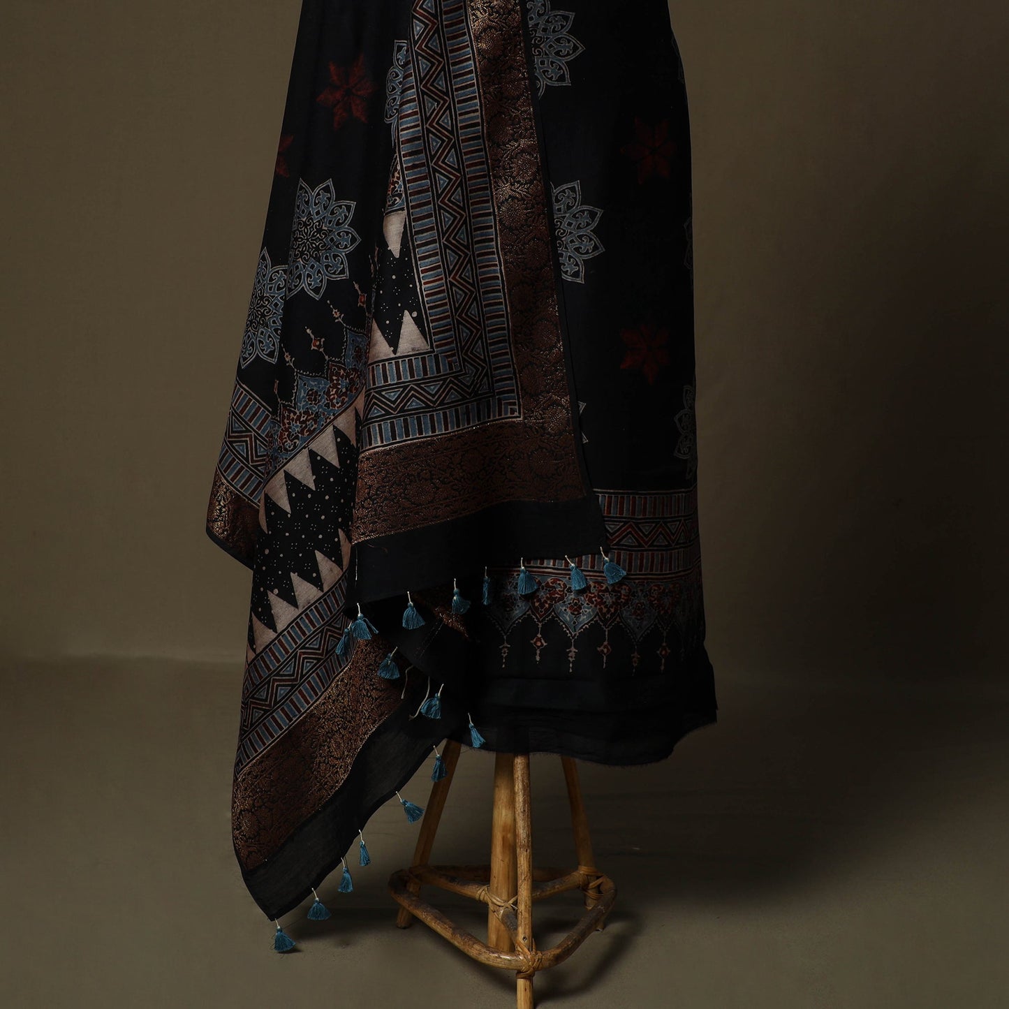 Kutch hand block ajrakh print natural dyed chanderi silk