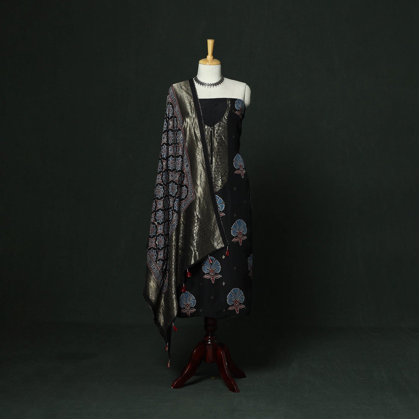 Kutch hand block ajrakh print natural dyed dola silk zari