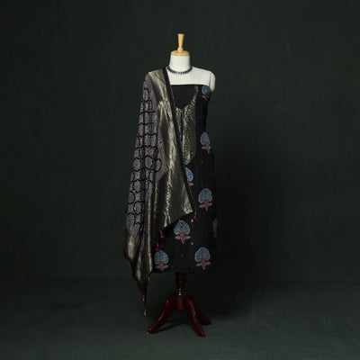 Kutch hand block ajrakh print natural dyed dola silk zari