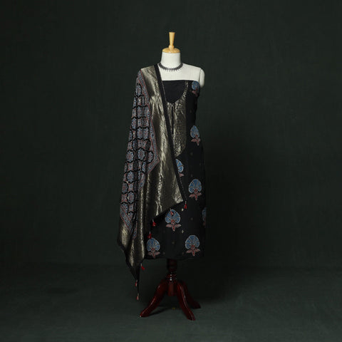 Kutch hand block ajrakh print natural dyed dola silk zari