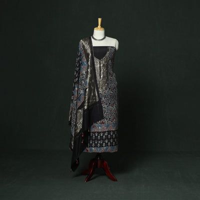 Kutch hand block ajrakh print natural dyed dola silk zari