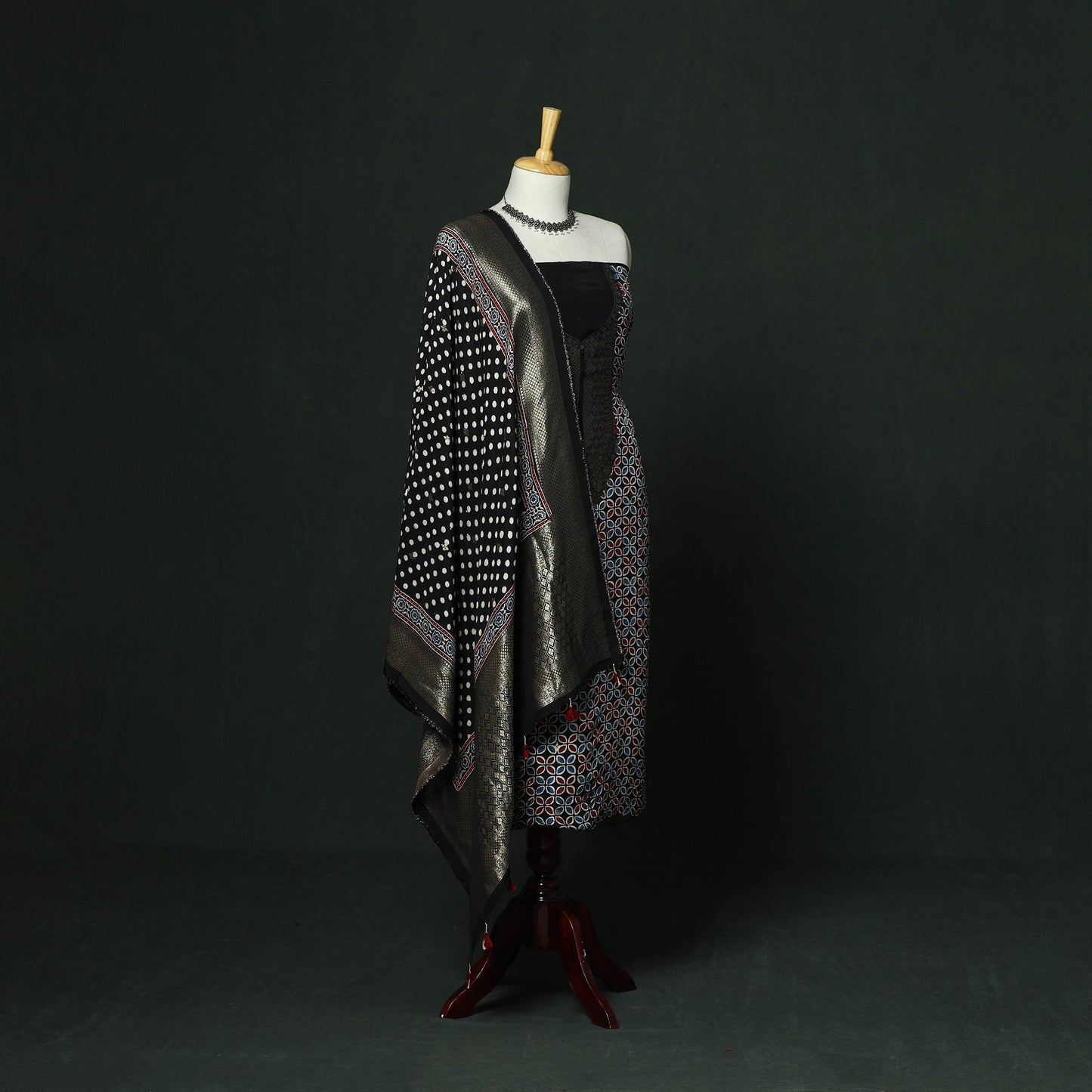 Kutch hand block ajrakh print natural dyed dola silk zari
