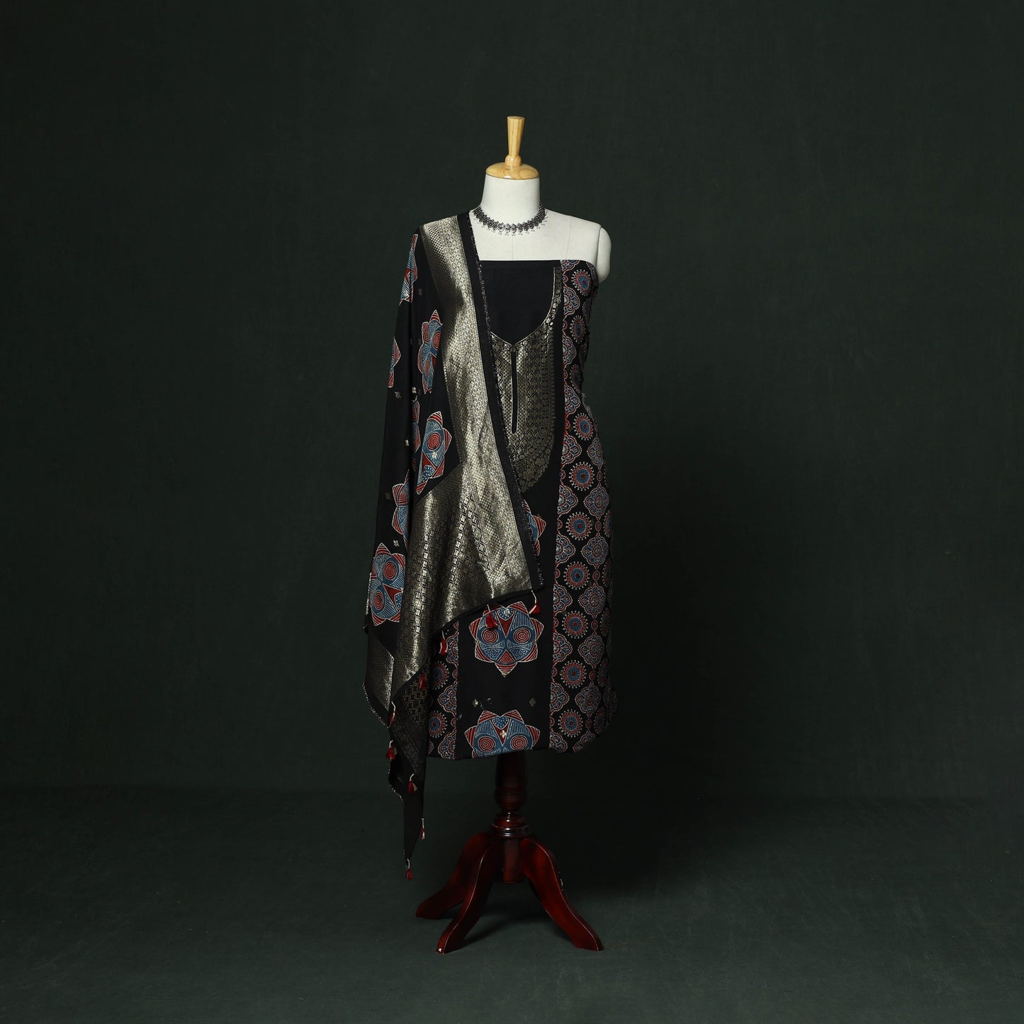 Kutch hand block ajrakh print natural dyed dola silk zari